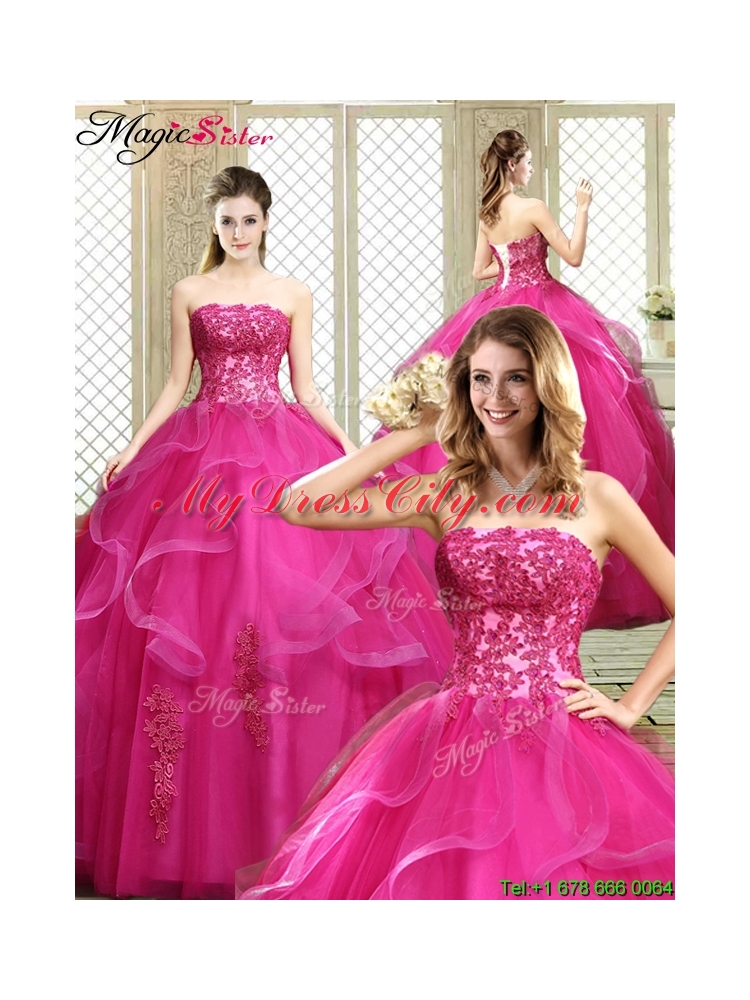 Classical Strapless Fuchsia Sweet 16 Dresses with Appliques