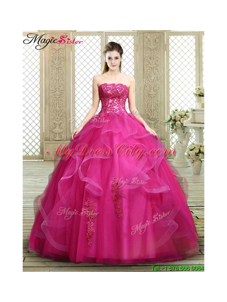 Classical Strapless Fuchsia Sweet 16 Dresses with Appliques