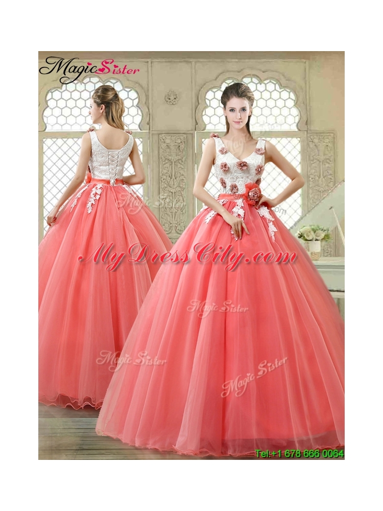 Elegant Watermelon Quinceanera Dresses with Hand Made Flowers