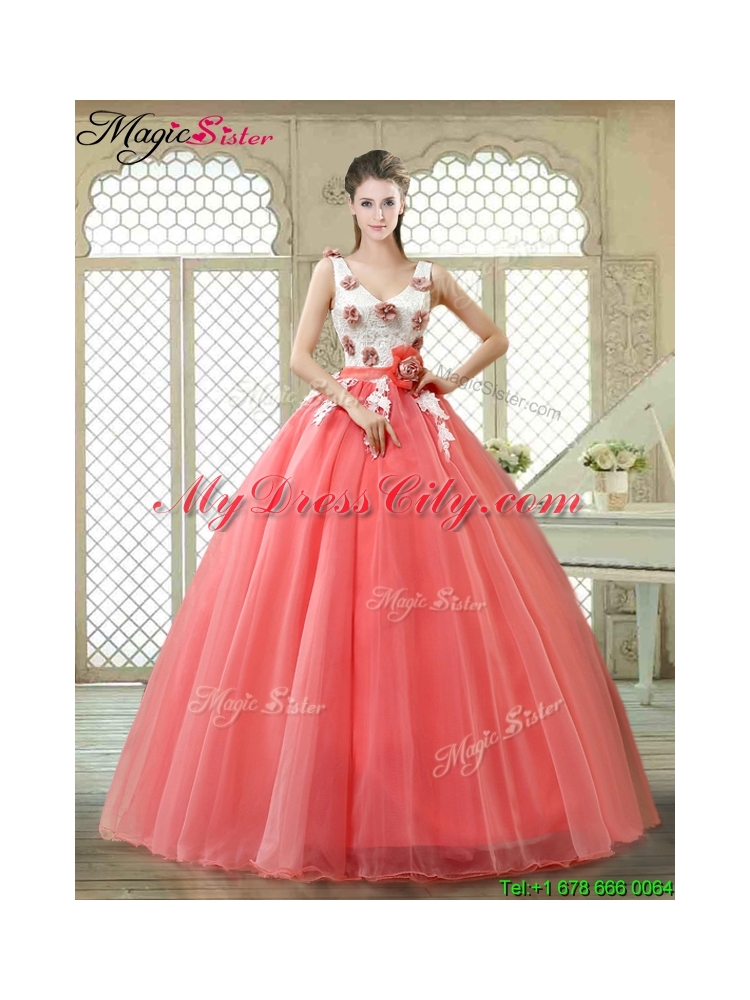 Elegant Watermelon Quinceanera Dresses with Hand Made Flowers