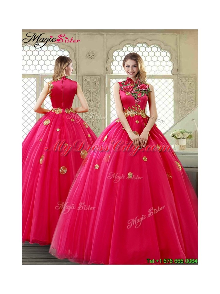 Exclusive High Neck Quinceanera Gowns in Coral Red