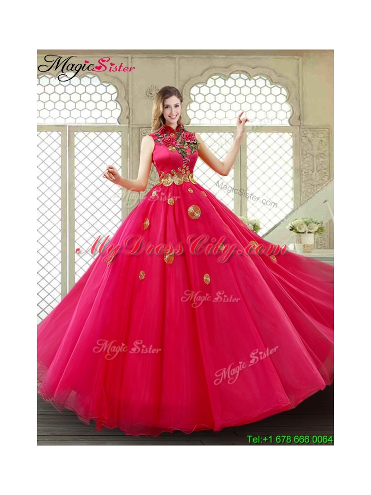 Exclusive High Neck Quinceanera Gowns in Coral Red