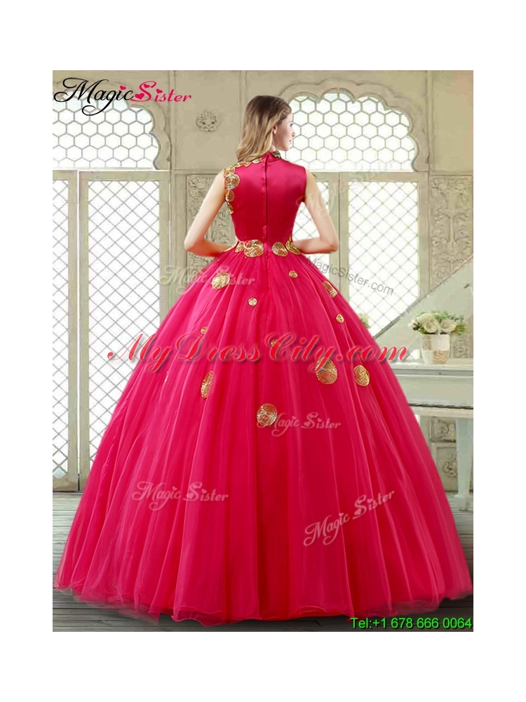 Exclusive High Neck Quinceanera Gowns in Coral Red