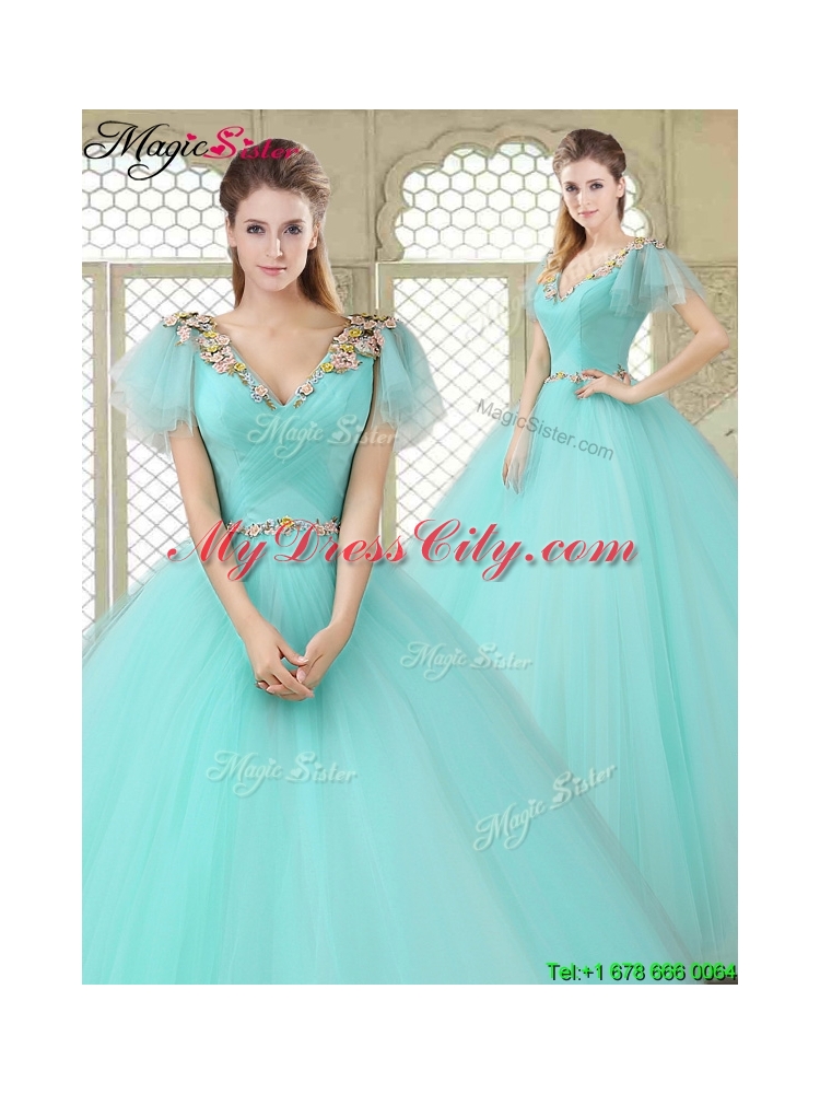 Exquisite V Neck Mint Sweet 16 Dresses with Appliques