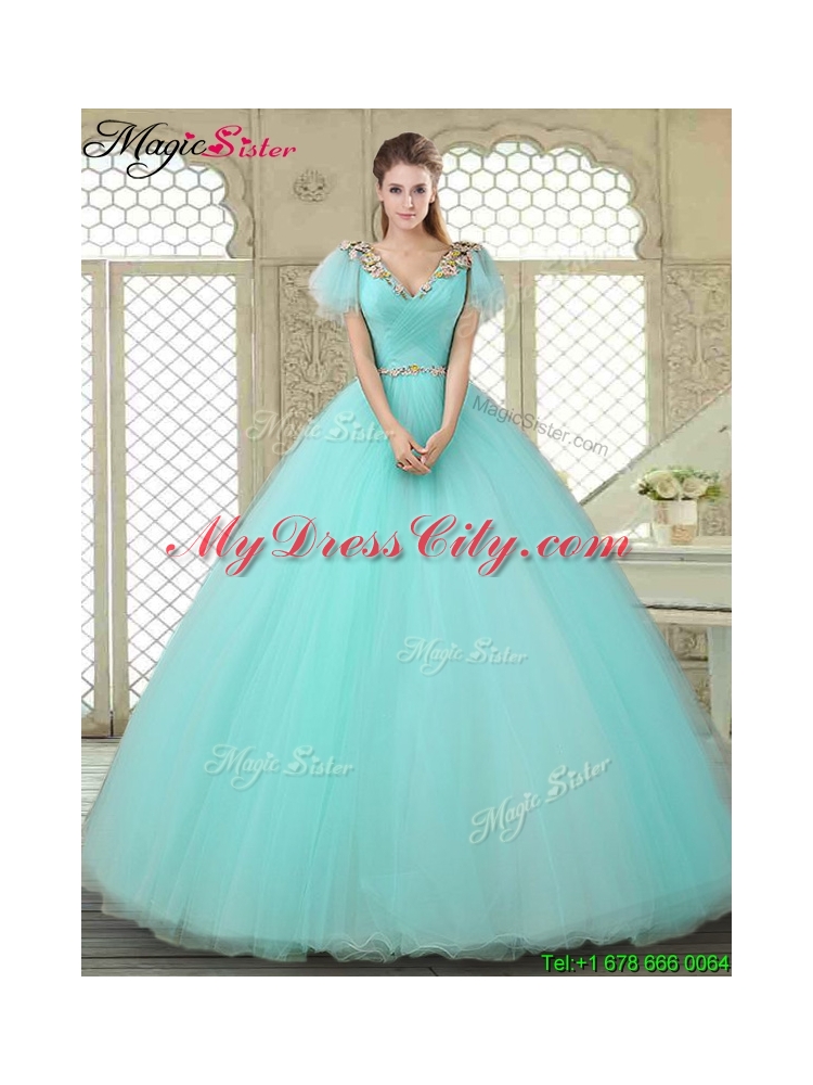 Exquisite V Neck Mint Sweet 16 Dresses with Appliques