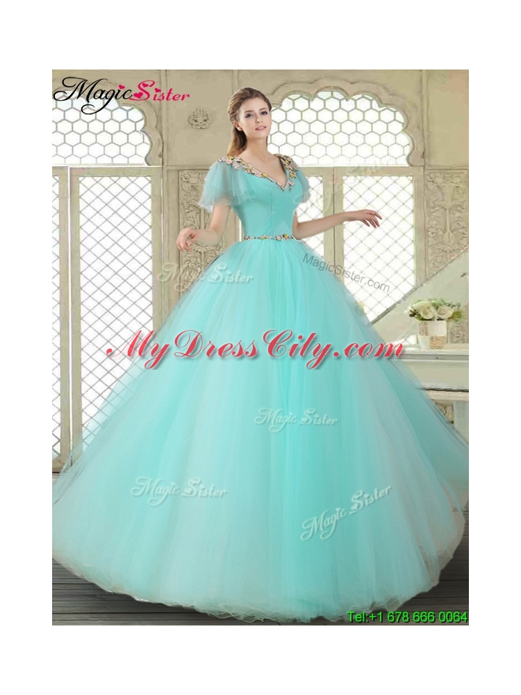 Exquisite V Neck Mint Sweet 16 Dresses with Appliques