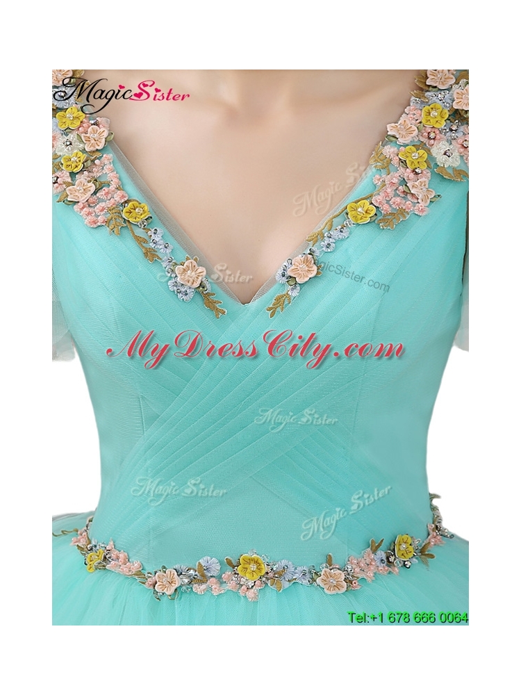 Exquisite V Neck Mint Sweet 16 Dresses with Appliques