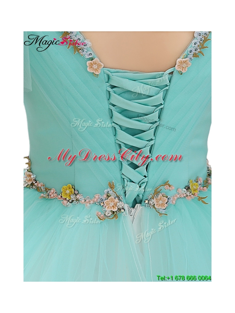 Exquisite V Neck Mint Sweet 16 Dresses with Appliques