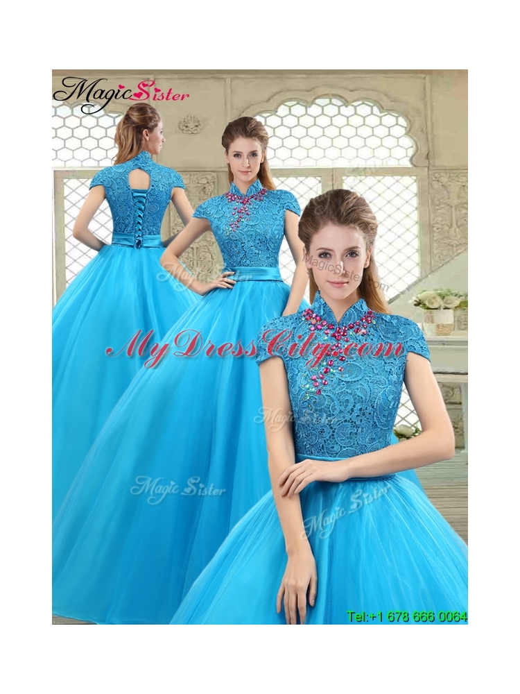 Fashionable High Neck Quinceanera Gowns in Baby Blue