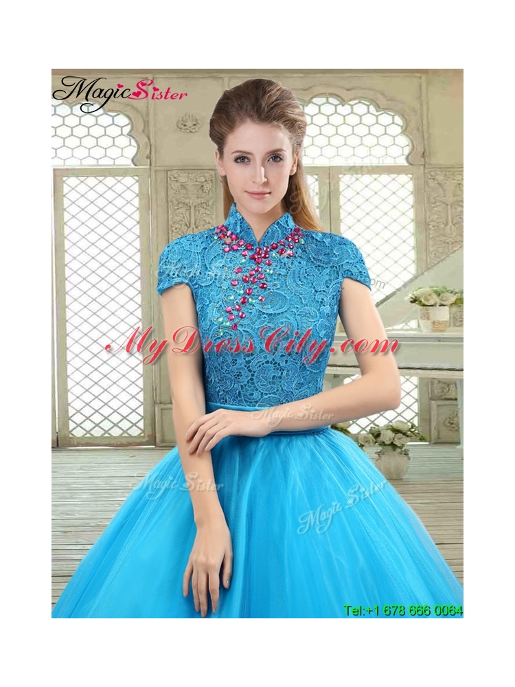 Fashionable High Neck Quinceanera Gowns in Baby Blue