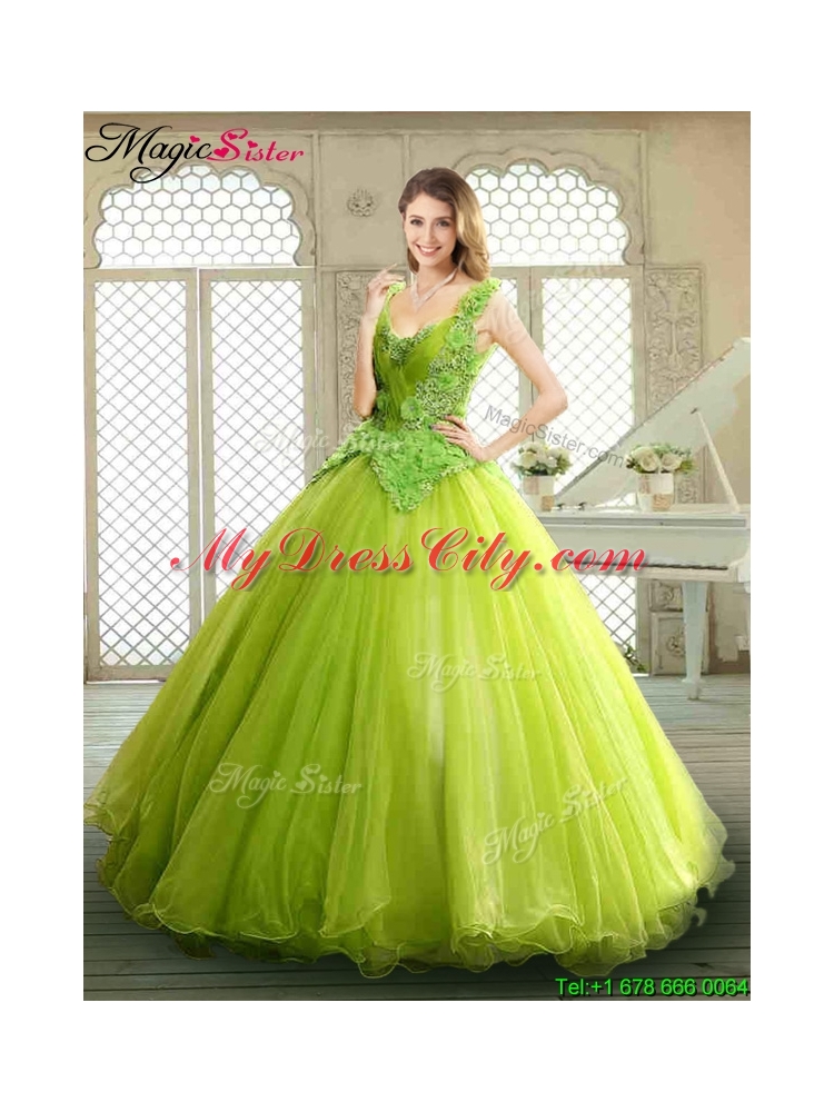 Luxurious Beading and Appliques Quinceanera Dresses in Yellow Green