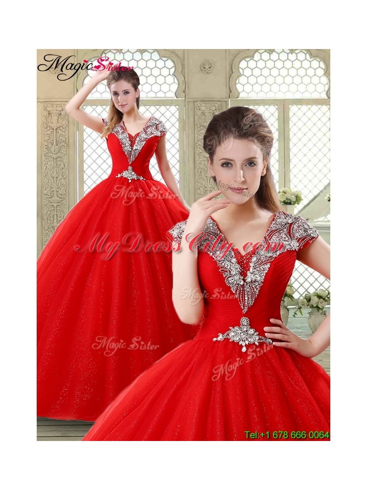 Exquisite Ball Gown Beading Sweet 16 Dresses with V Neck