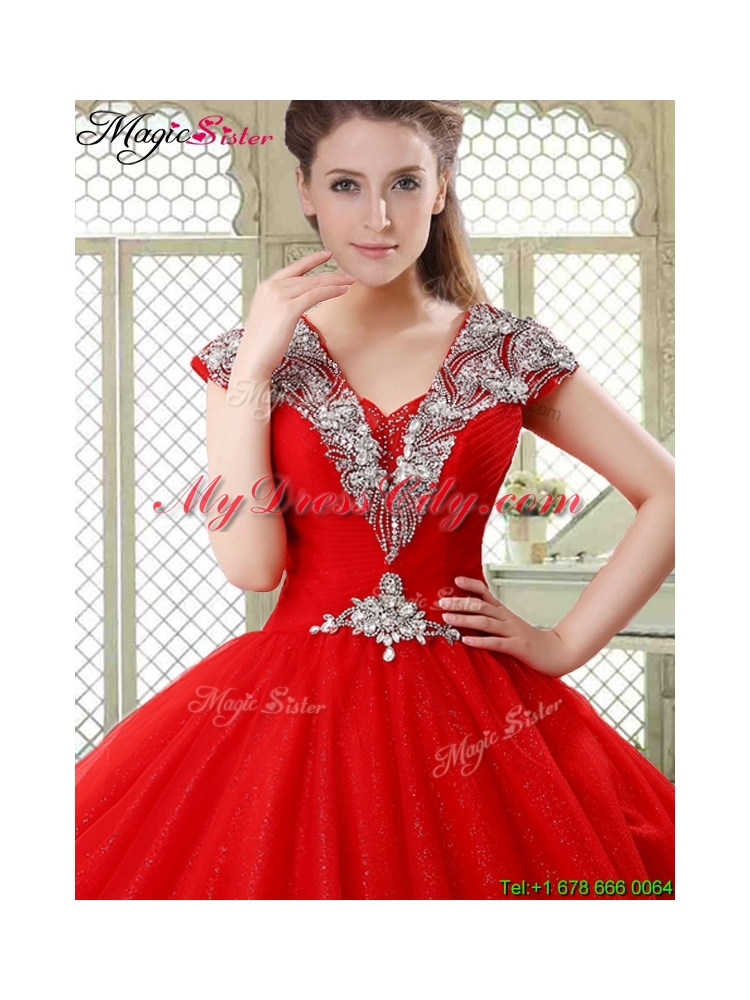 Exquisite Ball Gown Beading Sweet 16 Dresses with V Neck