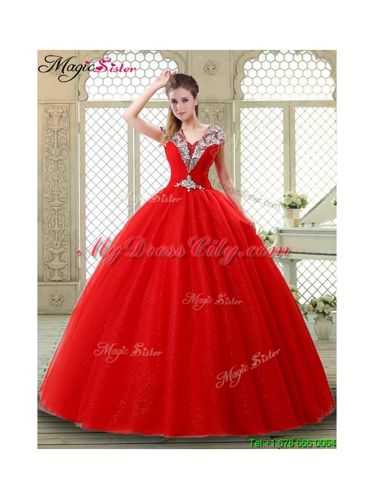 Exquisite Ball Gown Beading Sweet 16 Dresses with V Neck