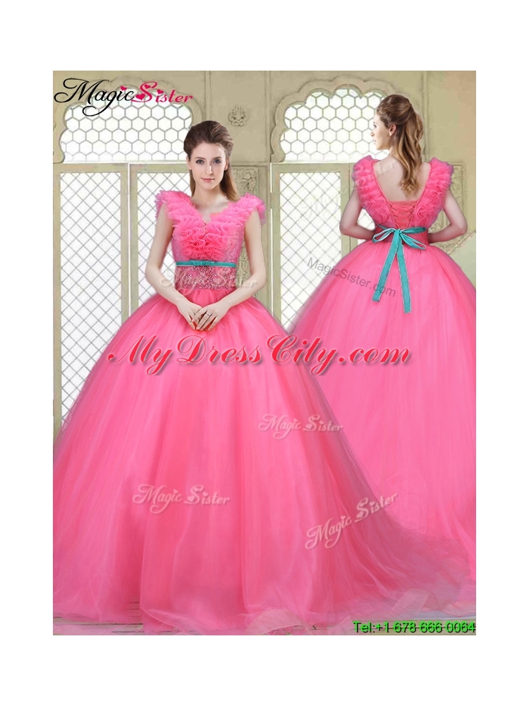 Fashionable Brush Train Quinceanera Dresses in Hot Pink