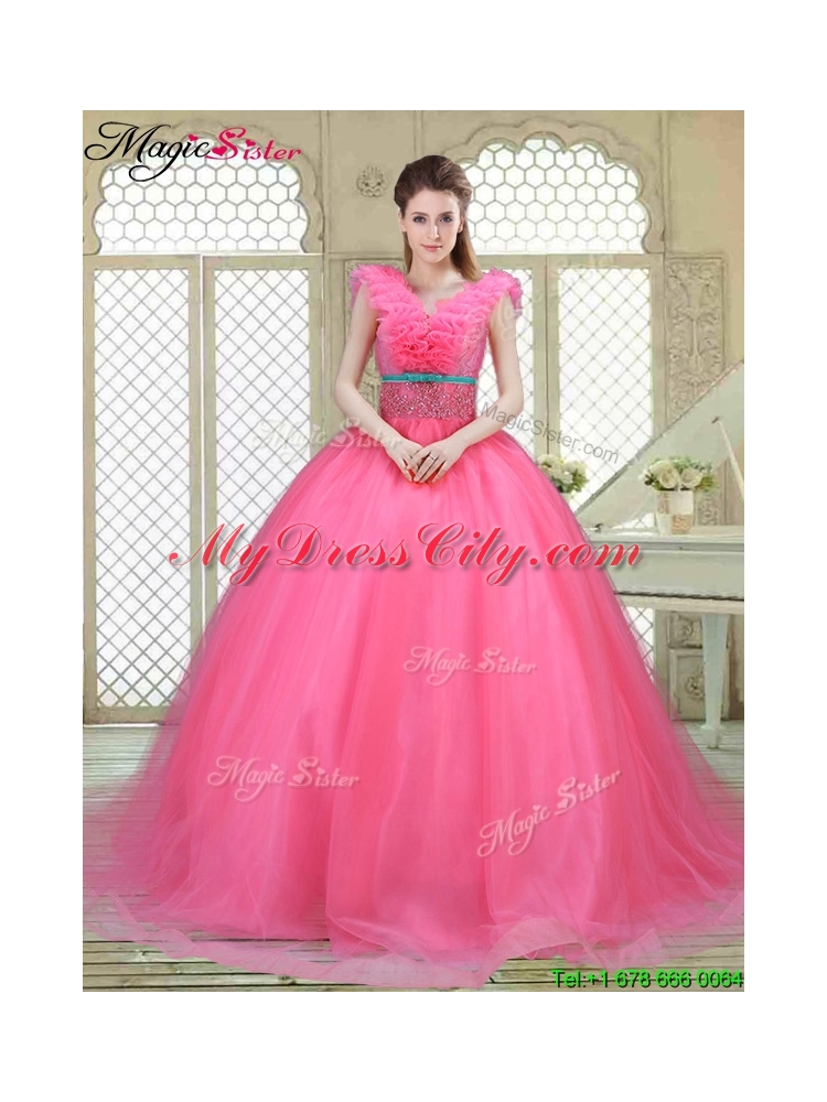 Fashionable Brush Train Quinceanera Dresses in Hot Pink