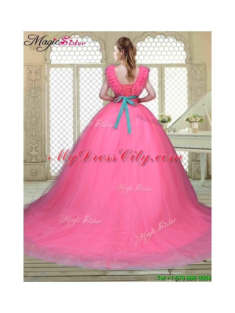 Fashionable Brush Train Quinceanera Dresses in Hot Pink