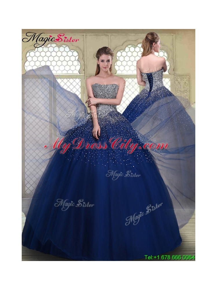 Gorgeous Ball Gown Strapless Quinceanera Gowns in Navy Blue