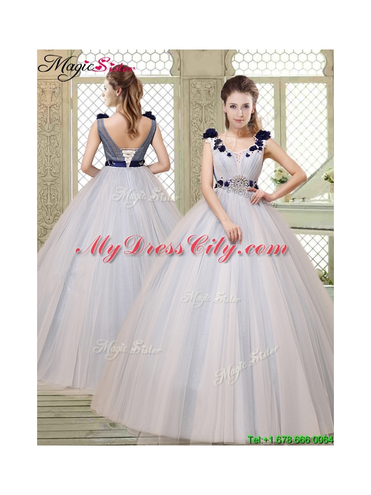 Pretty Champagne Straps Quinceanera Gowns with Belt and Appliques