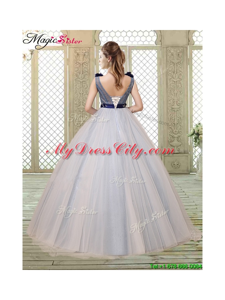 Pretty Champagne Straps Quinceanera Gowns with Belt and Appliques