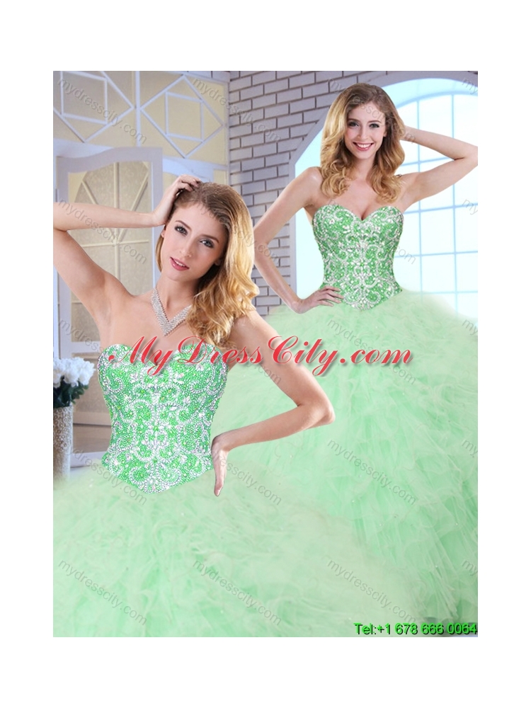 2016 Cheap Beading and Ruffles Apple Green Quinceanera Dresses