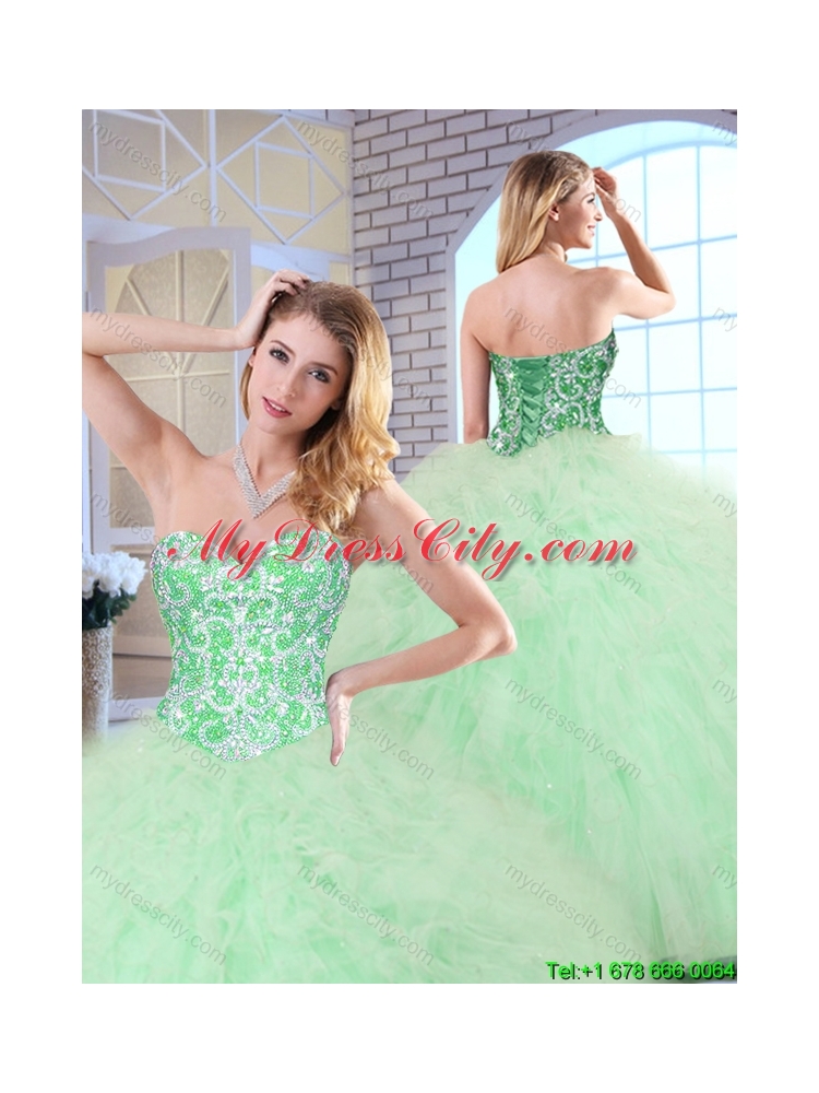 2016 Cheap Beading and Ruffles Apple Green Quinceanera Dresses