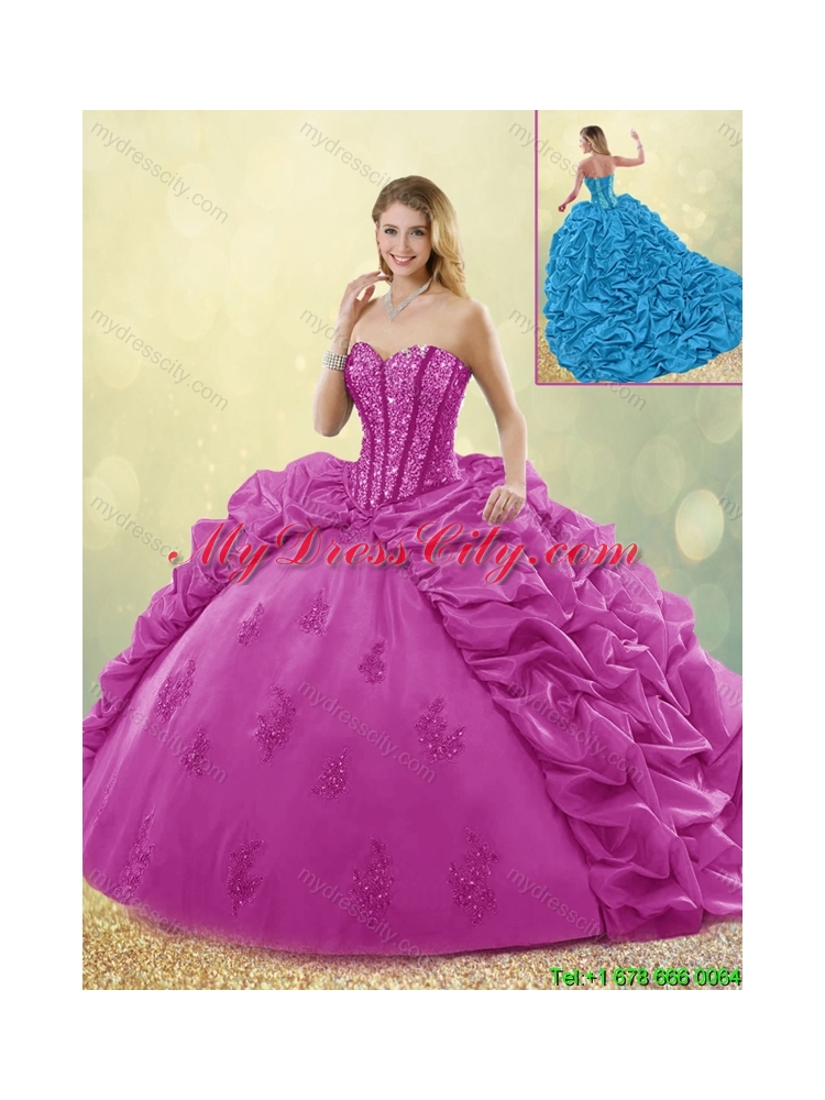 Best Selling Brush Train Beading Quinceanera Dresses in Fuchsia