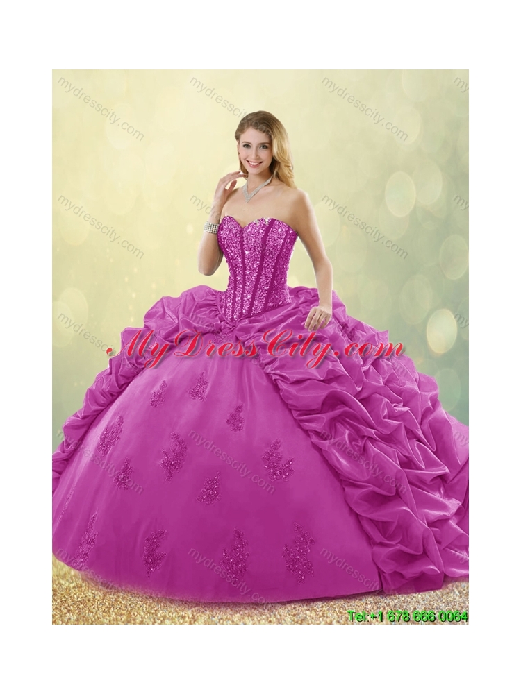 Best Selling Brush Train Beading Quinceanera Dresses in Fuchsia