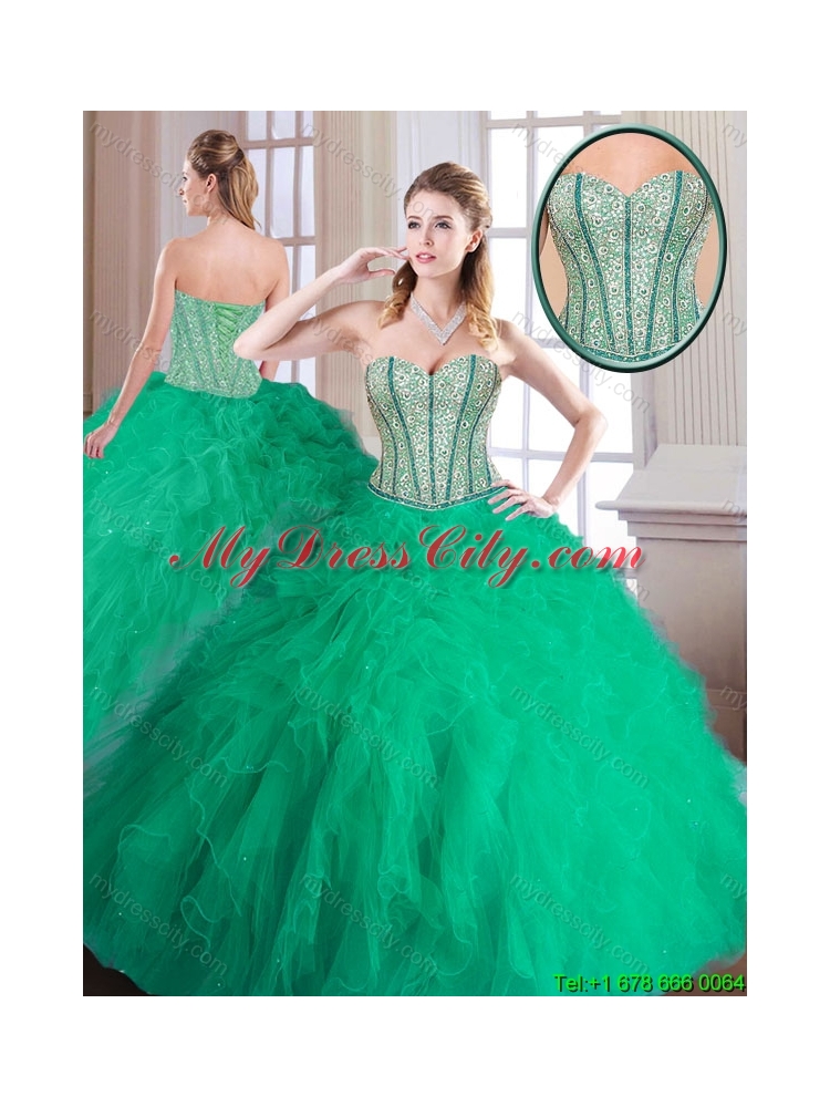 Cheap 2016 Beading and Ruffles Quinceanera Gowns in Turquoise