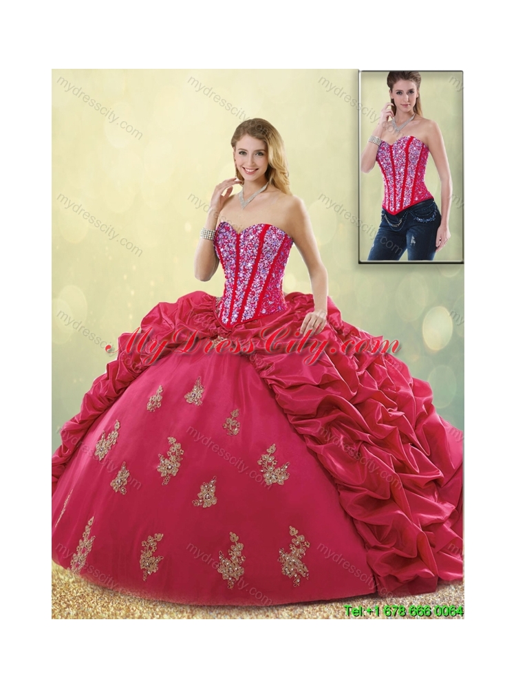 Latest Brush Train Beading Sweet 16 Dresses in Coral Red