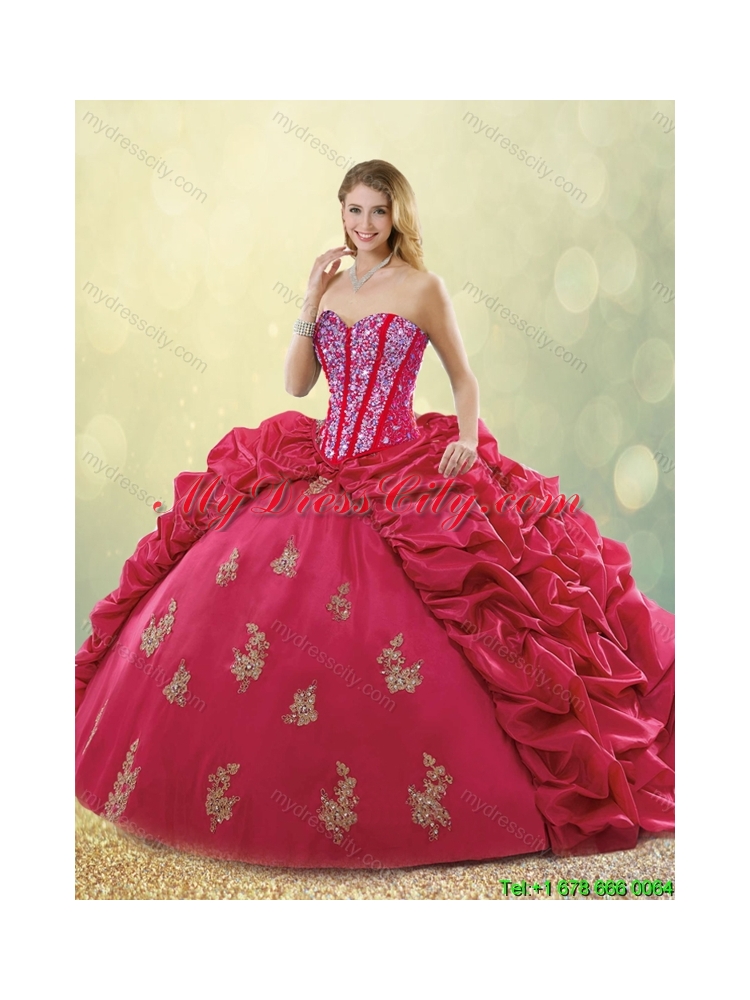 Latest Brush Train Beading Sweet 16 Dresses in Coral Red