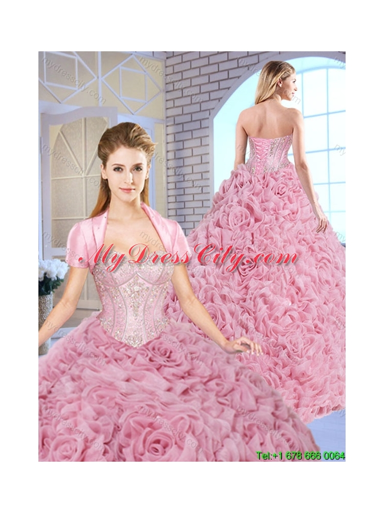 Luxurious Beading Brush Train Quinceanera Gowns with Rolling Flowers