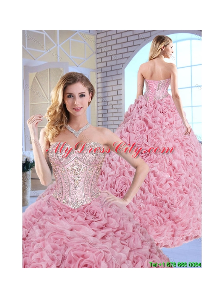 Luxurious Beading Brush Train Quinceanera Gowns with Rolling Flowers