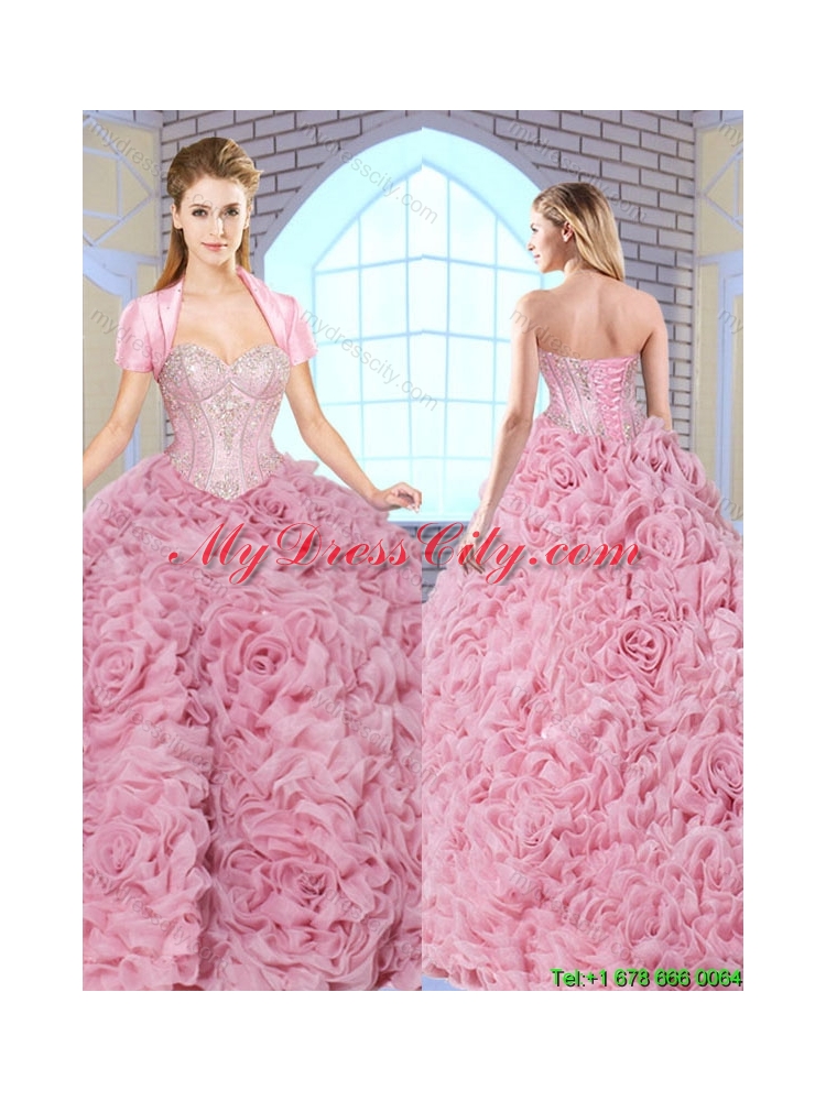 Luxurious Beading Brush Train Quinceanera Gowns with Rolling Flowers