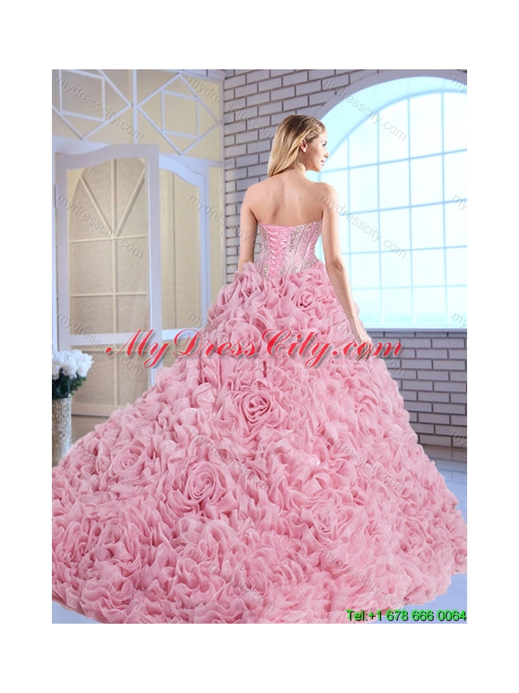 Luxurious Beading Brush Train Quinceanera Gowns with Rolling Flowers