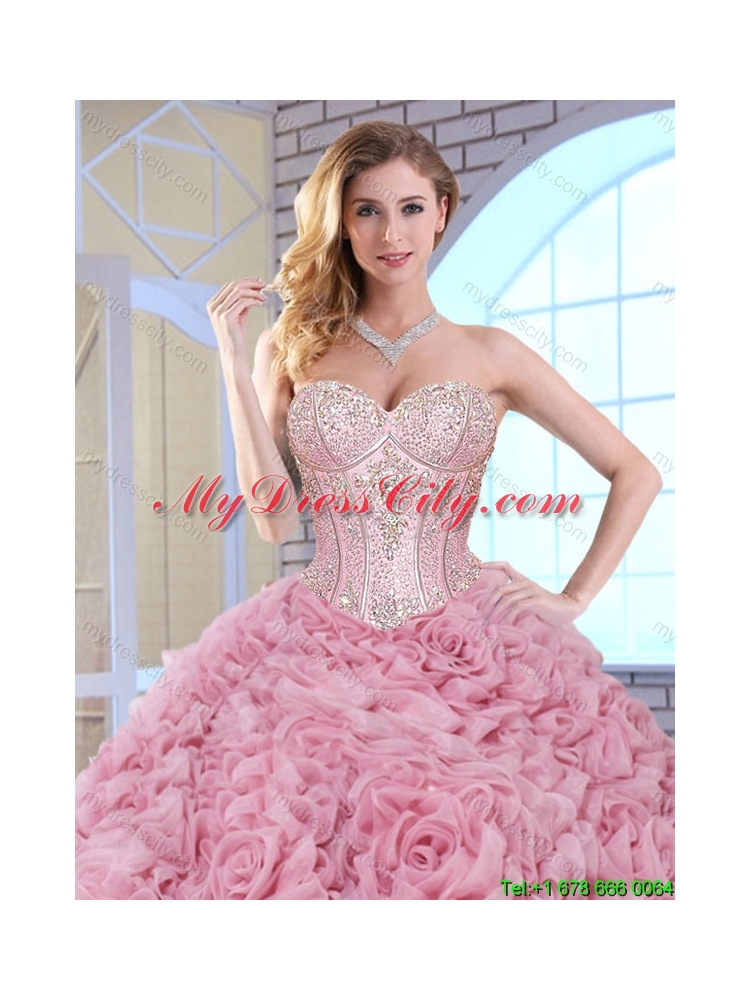 Luxurious Beading Brush Train Quinceanera Gowns with Rolling Flowers