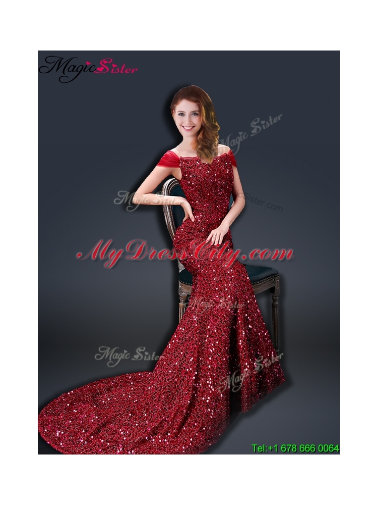 Winter Mermaid Off the Shoulder Sequins Prom Dresses in Wine Red