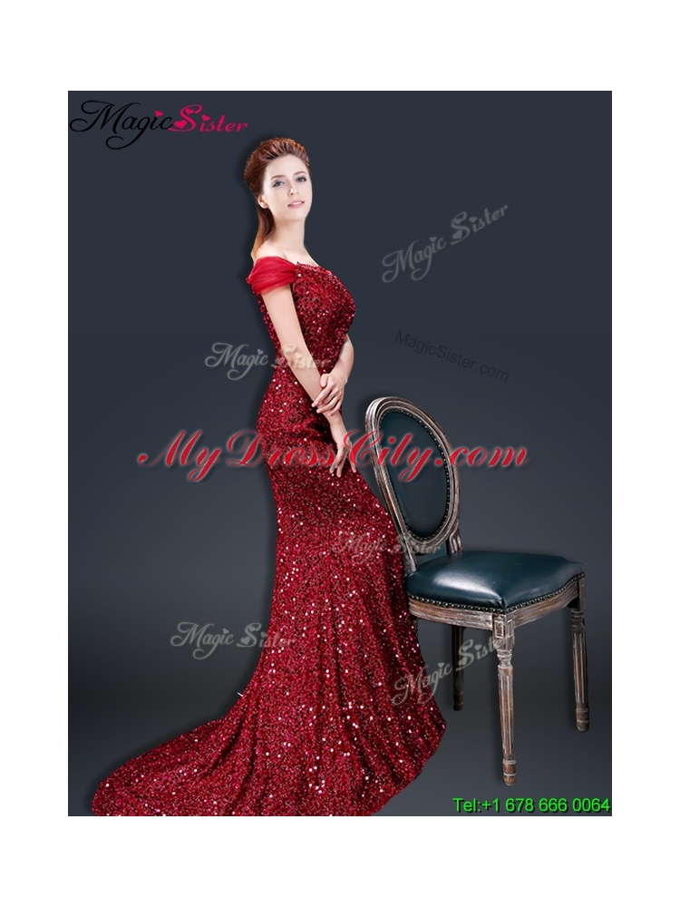 Winter Mermaid Off the Shoulder Sequins Prom Dresses in Wine Red