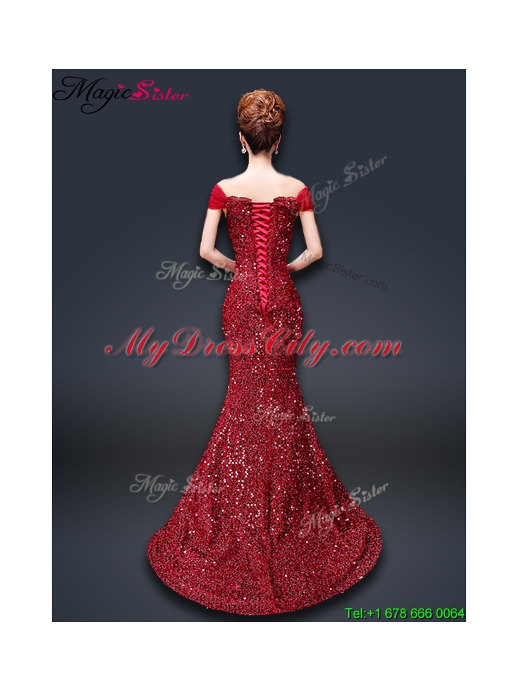 Winter Mermaid Off the Shoulder Sequins Prom Dresses in Wine Red