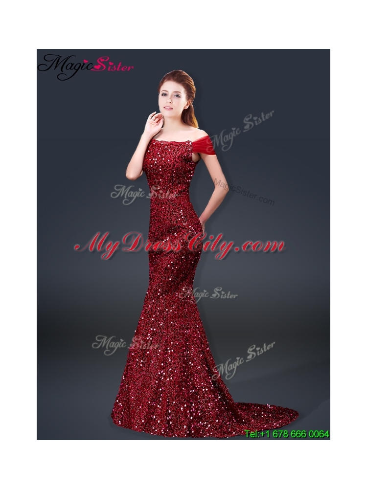 Winter Mermaid Off the Shoulder Sequins Prom Dresses in Wine Red