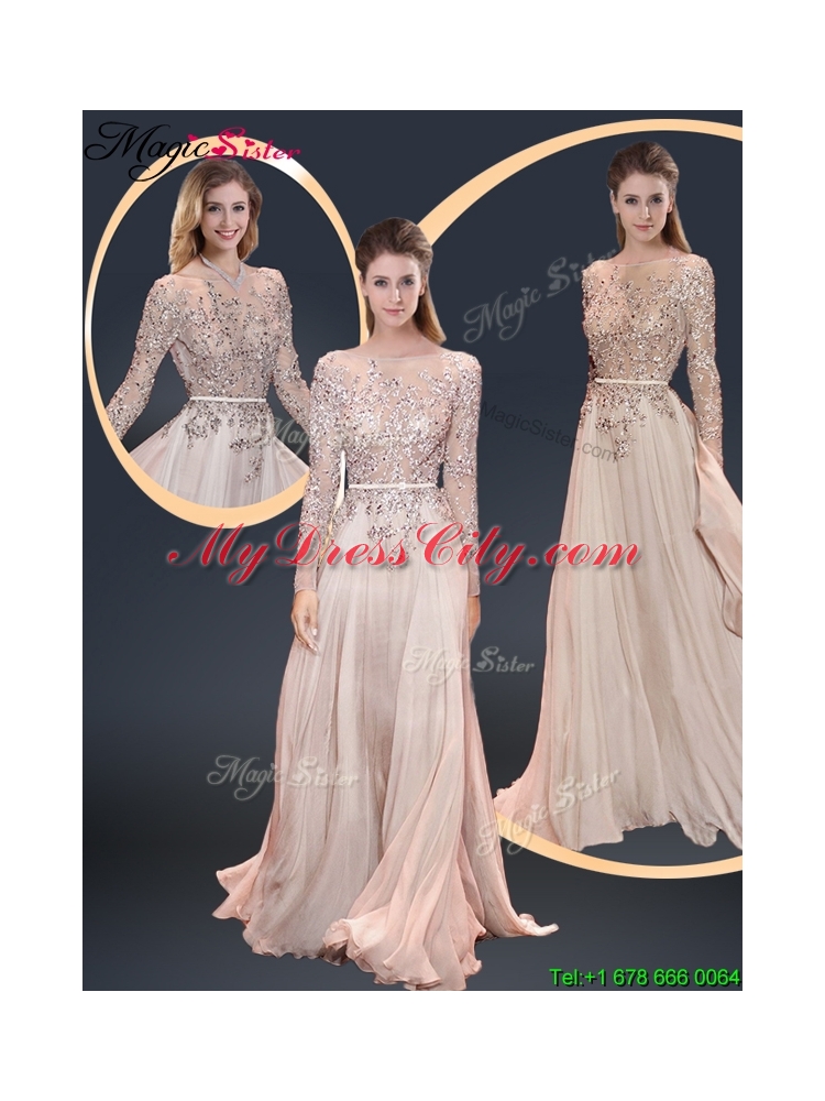 Cheap Brush Train Champagne Prom Dresses with Beading