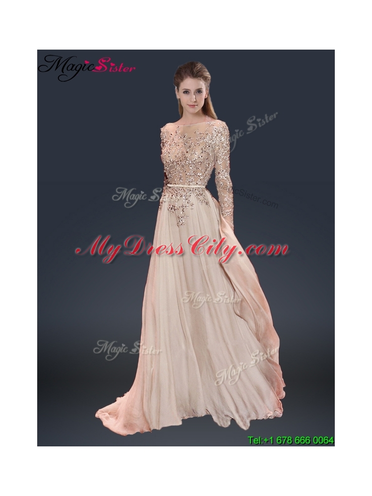 Cheap Brush Train Champagne Prom Dresses with Beading