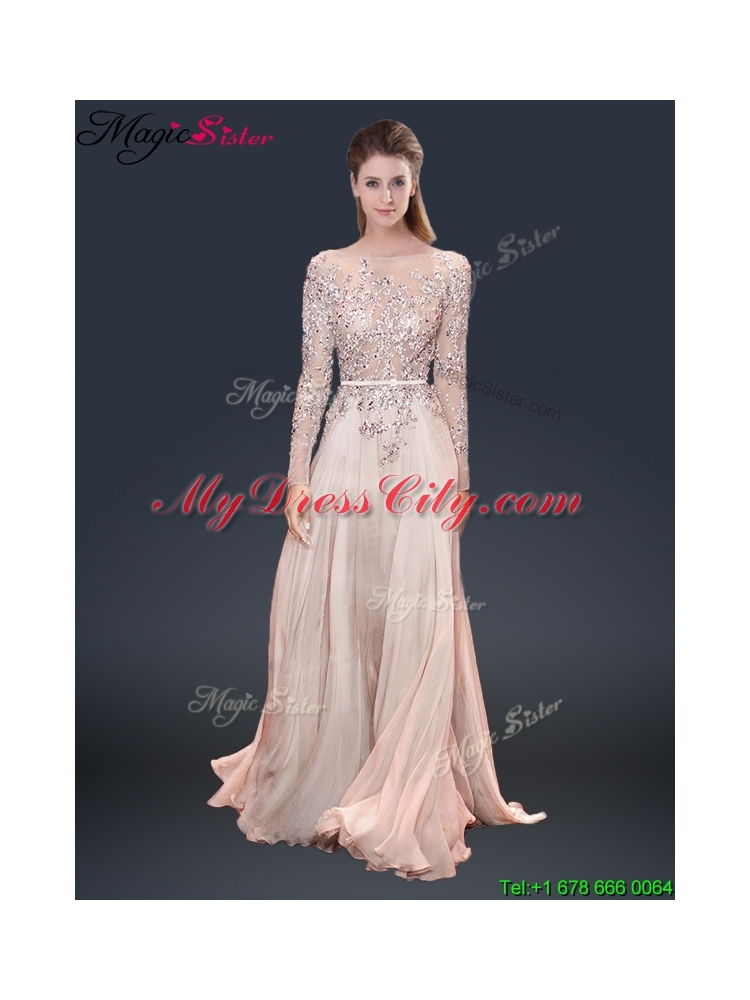 Cheap Brush Train Champagne Prom Dresses with Beading