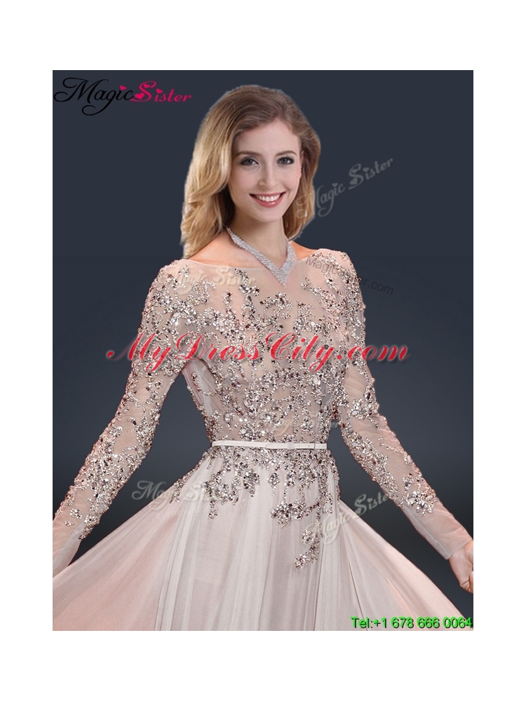 Cheap Brush Train Champagne Prom Dresses with Beading