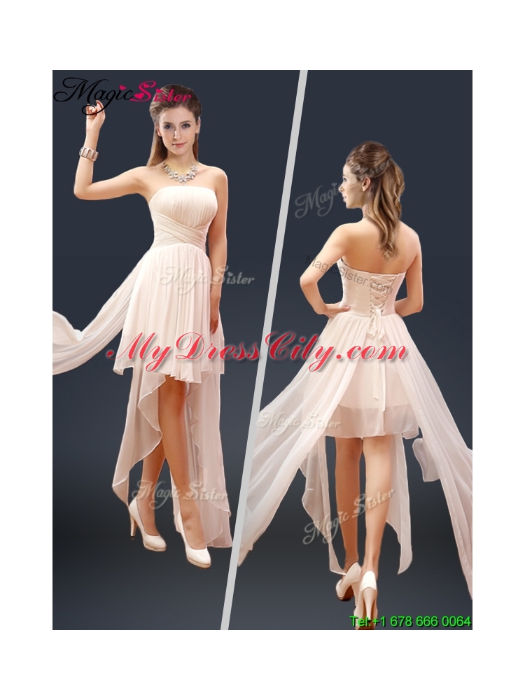 Cheap Champagne Asymmetrical Prom Dresses with Ruching