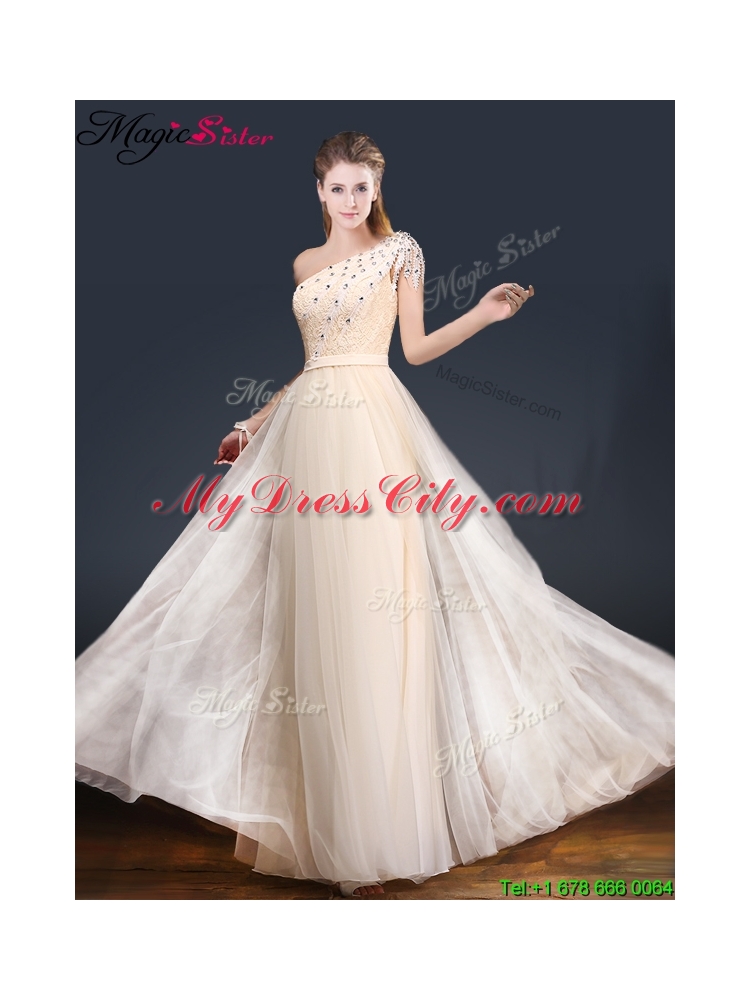 Elegant One Shoulder Prom Dresses with Appliques and Beading