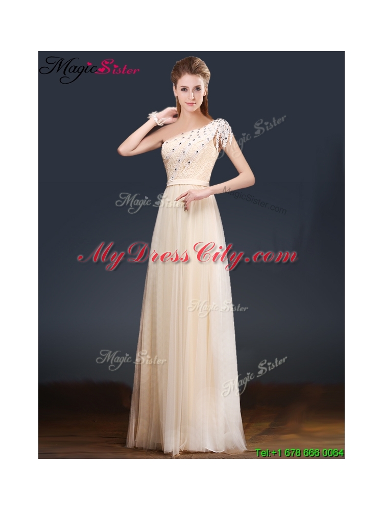 Elegant One Shoulder Prom Dresses with Appliques and Beading