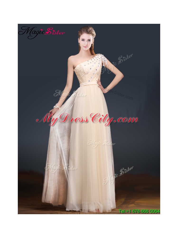 Elegant One Shoulder Prom Dresses with Appliques and Beading