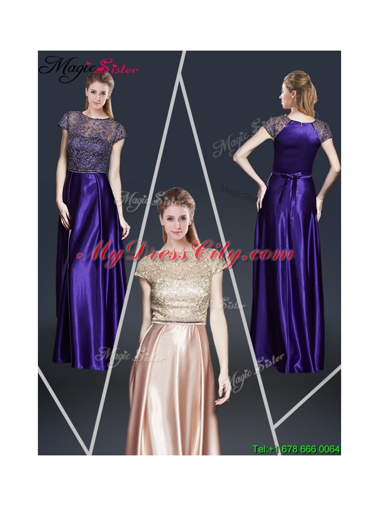 Empire Bateau Prom Dresses with Appliques and Belt