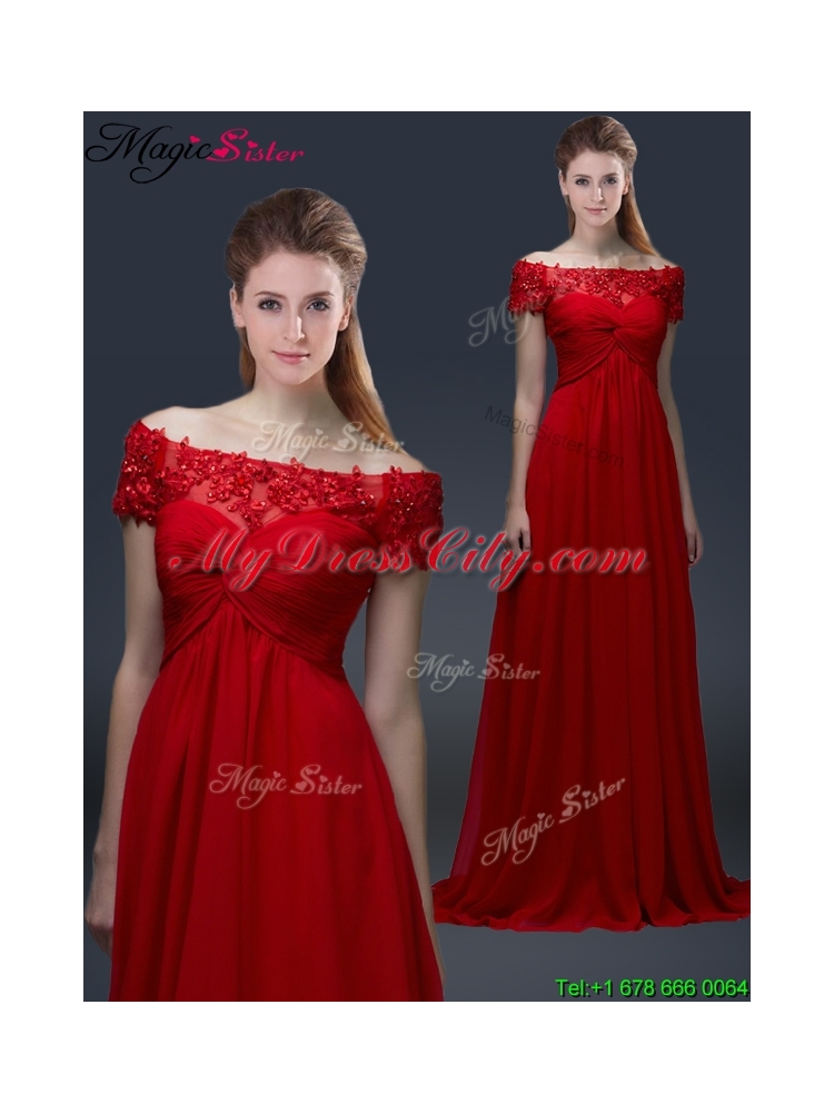 Simple Off the Shoulder Short Sleeves Red Prom Dresses with Appliques